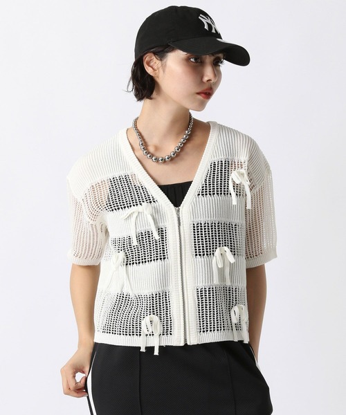 PAGEBOY（ページボーイ）の「メッシュリボンカーディガン（Tシャツ/カットソー・レディース・ブラック/ダークグリーン/オフホワイト・FREE）」の2枚目の写真