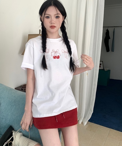Mayree(メイリー)の「【Mayree】シンプル リボン さくらんぼ チェリー Tシャツ(Tシャツ/カットソー・レディース・ホワイト/グレー・FREE)」の4枚目の写真