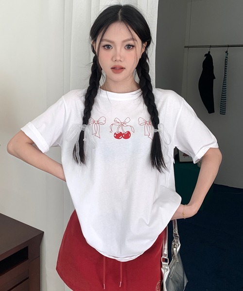 Mayree(メイリー)の「【Mayree】シンプル リボン さくらんぼ チェリー Tシャツ(Tシャツ/カットソー・レディース・ホワイト/グレー・FREE)」の5枚目の写真