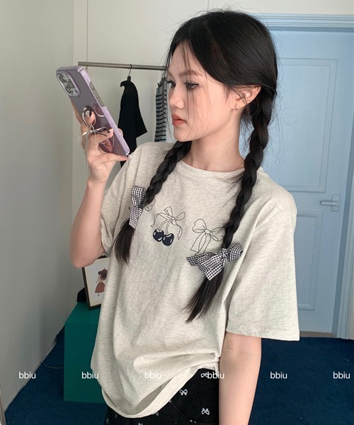 Mayree(メイリー)の「【Mayree】シンプル リボン さくらんぼ チェリー Tシャツ(Tシャツ/カットソー・レディース・ホワイト/グレー・FREE)」の7枚目の写真