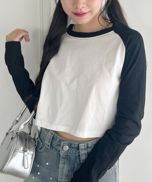 √nuage(ルートニュアージュ)の「シンプルラグランショートトップス(Tシャツ/カットソー・レディース・ホワイト/グレー・FREE)」の2枚目の写真