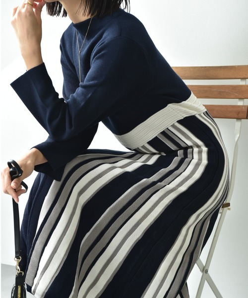 INTERPLANET（インタープラネット）の「サイドストライプニットワンピース（ワンピース・レディース・ブラック/ネイビー/グリーン・FREE）」の6枚目の写真