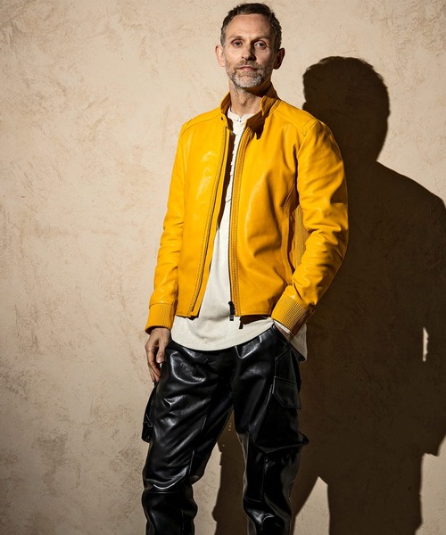 C DIEM（カルペディエム）の「C DIEM(カルペディエム)シングルライダース ロゴ刺しゅう ライダースジャケット レザージャケット（ライダースジャケット・メンズ・ブラック/ベージュ/イエロー/オレンジ・M/L）」の9枚目の写真