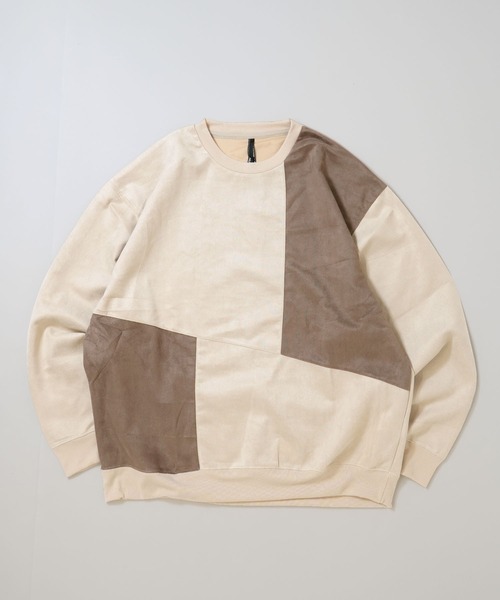 Anytime Songs(エニータイムソングス)の「faux suede switching design cutsew/スウェードタッチ 切り替えデザイン カットソー(スウェット・メンズ・ブラック/グレイッシュベージュ/サックスブルー/オフホワイト/チャコールグレー・M/L/XL)」の2枚目の写真