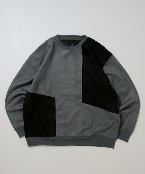 Anytime Songs(エニータイムソングス)の「faux suede switching design cutsew/スウェードタッチ 切り替えデザイン カットソー(スウェット・メンズ・ブラック/グレイッシュベージュ/サックスブルー/オフホワイト/チャコールグレー・M/L/XL)」の1枚目の写真