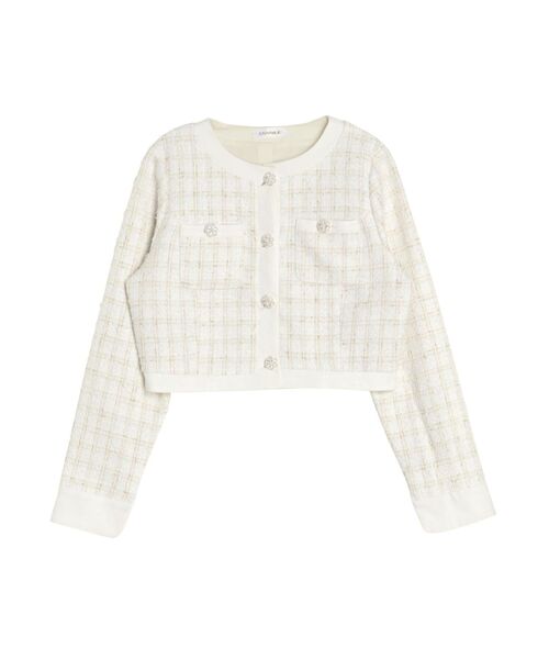 CALNAMUR(カルナムール)の「TWEED×DENIM BLOCKING JACKET/ツイード×デニムブロッキングジャケット【セットアップ着用可】(ノーカラージャケット・レディース・ブルー/ブラック/ホワイト・FREE)」の1枚目の写真