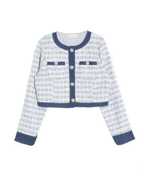 CALNAMUR(カルナムール)の「TWEED×DENIM BLOCKING JACKET/ツイード×デニムブロッキングジャケット【セットアップ着用可】(ノーカラージャケット・レディース・ブルー/ブラック/ホワイト・FREE)」の3枚目の写真