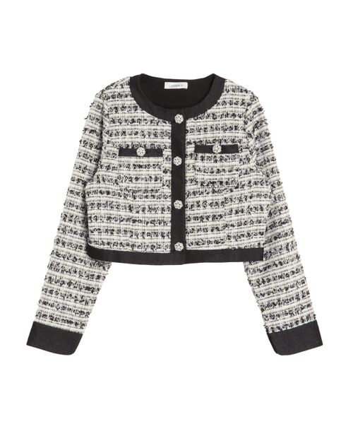 CALNAMUR(カルナムール)の「TWEED×DENIM BLOCKING JACKET/ツイード×デニムブロッキングジャケット【セットアップ着用可】(ノーカラージャケット・レディース・ブルー/ブラック/ホワイト・FREE)」の2枚目の写真