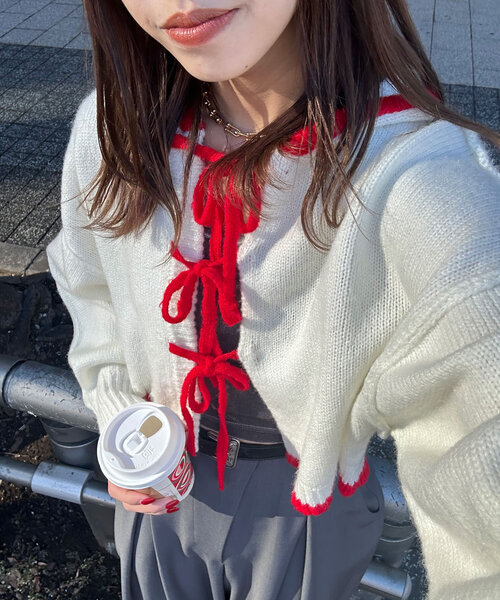 CIAOPANIC(チャオパニック)の「配色リボンニットフーディー(ニット/セーター・レディース・ベージュ/レッド/ブラウン/ブルー/オフホワイト/グレー・ONE SIZE)」の7枚目の写真