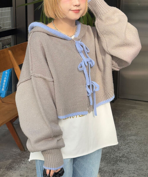 CIAOPANIC(チャオパニック)の「配色リボンニットフーディー(ニット/セーター・レディース・ベージュ/レッド/ブラウン/ブルー/オフホワイト/グレー・ONE SIZE)」の22枚目の写真