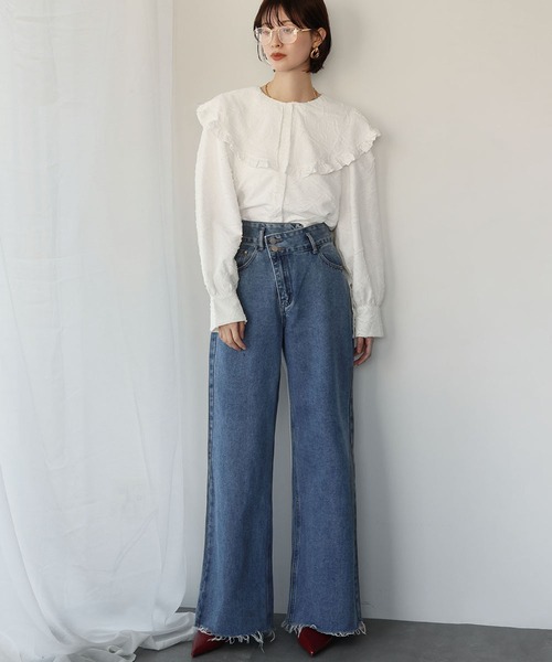 Ampirula(アンピルーラ)の「フロントアシンメトリーハイウエストワイドデニムパンツ(デニムパンツ・レディース・ブラック/ブルー・FREE)」の5枚目の写真