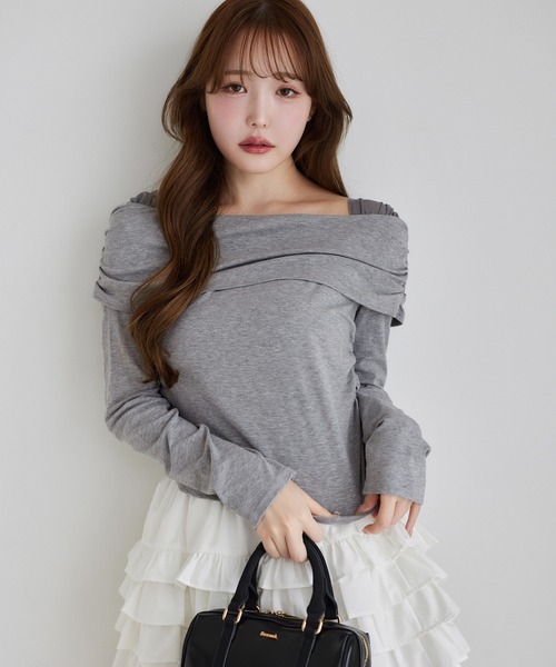 one after another NICE CLAUP(ワンアフターアナザーナイスクラップ)の「オフショルカットトップス【ブラ紐隠し】(Tシャツ/カットソー・レディース・杢グレー/ミント/オフホワイト/ベージュ・FREE)」の2枚目の写真