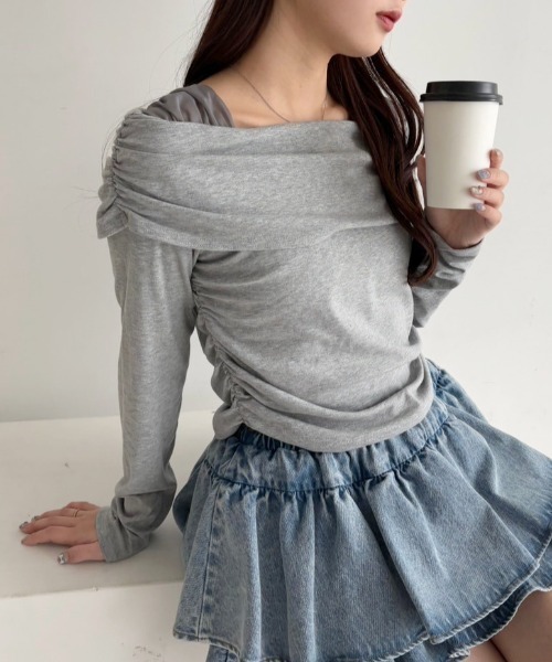 one after another NICE CLAUP(ワンアフターアナザーナイスクラップ)の「オフショルカットトップス【ブラ紐隠し】(Tシャツ/カットソー・レディース・杢グレー/ミント/オフホワイト/ベージュ・FREE)」の7枚目の写真