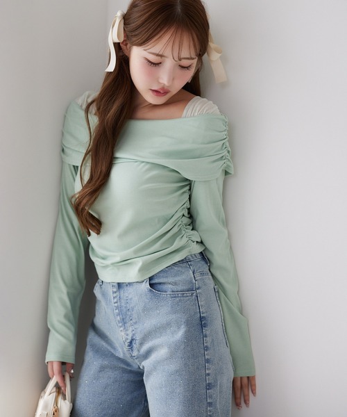one after another NICE CLAUP(ワンアフターアナザーナイスクラップ)の「オフショルカットトップス【ブラ紐隠し】(Tシャツ/カットソー・レディース・杢グレー/ミント/オフホワイト/ベージュ・FREE)」の5枚目の写真