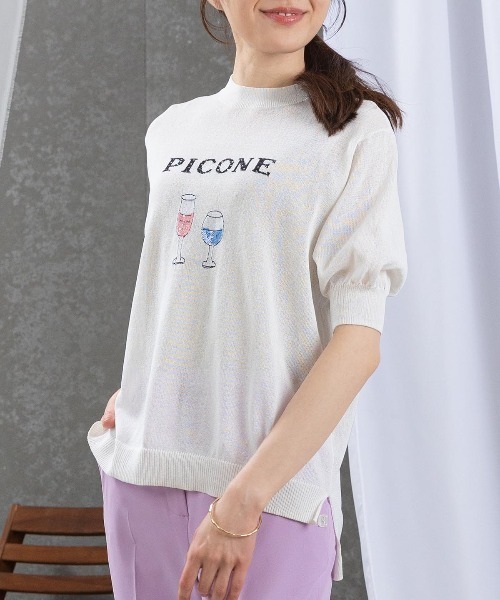 STUDIO PICONE(スタジオピッコーネ)の「ハーフスリーブ刺繍プルオーバー(ニット/セーター・レディース・ピンク/ブルー/ネイビー/ホワイト・M/L)」の1枚目の写真
