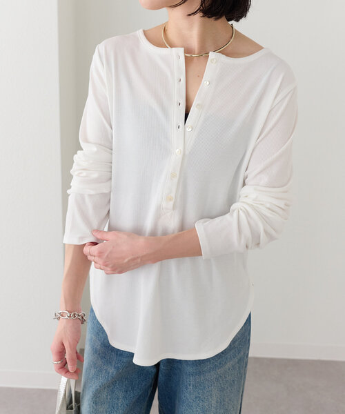 Omekashi（オメカシ）の「ヘンリーネックリブロンT（Tシャツ/カットソー・レディース・パープル/ブラック/オフホワイト/ライム・FREE）」の6枚目の写真