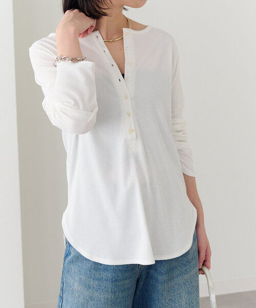 Omekashi（オメカシ）の「ヘンリーネックリブロンT（Tシャツ/カットソー・レディース・パープル/ブラック/オフホワイト/ライム・FREE）」の7枚目の写真