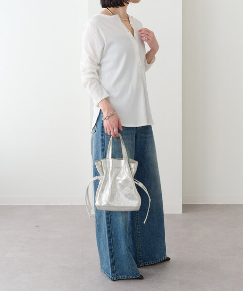 Omekashi（オメカシ）の「ヘンリーネックリブロンT（Tシャツ/カットソー・レディース・パープル/ブラック/オフホワイト/ライム・FREE）」の13枚目の写真