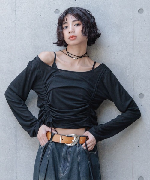 PAGEBOY（ページボーイ）の「ドロストシャーリングセット（Tシャツ/カットソー・レディース・ブラック/オフホワイト/グレー系その他/ブルー系その他・FREE）」の3枚目の写真