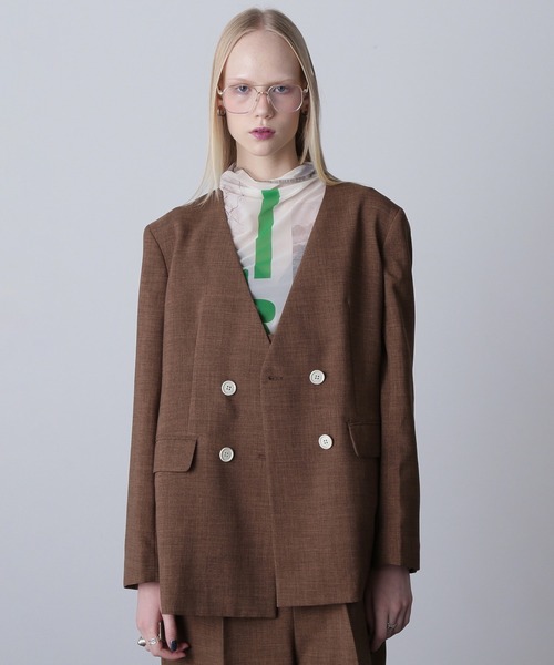 ROSE BUD（ローズバッド）の「ノーカラーダブルジャケット（ノーカラージャケット・レディース・ブラウン/ブラック・S/M）」の2枚目の写真