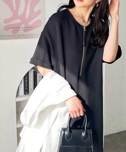 GeeRA（ジーラ）の「【接触冷感付き】前後2WAYハーフジップ半袖Ｔシャツワンピース（ワンピース・レディース・ベージュ/ネイビー/ブラック・XX-LARGE/LARGE/X-LARGE/MEDIUM）」の9枚目の写真