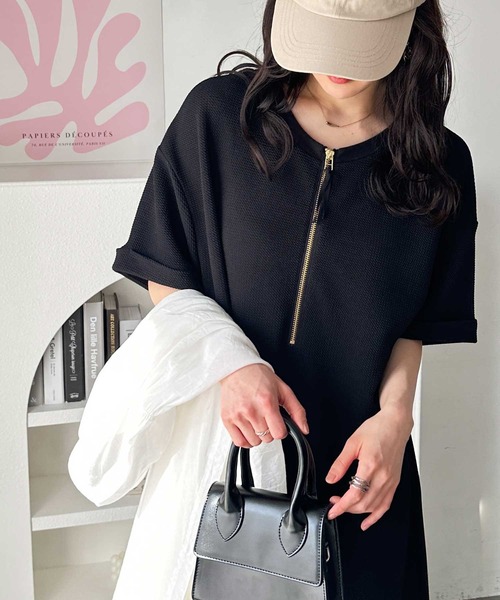 GeeRA（ジーラ）の「【接触冷感付き】前後2WAYハーフジップ半袖Ｔシャツワンピース（ワンピース・レディース・ベージュ/ネイビー/ブラック・XX-LARGE/LARGE/X-LARGE/MEDIUM）」の7枚目の写真