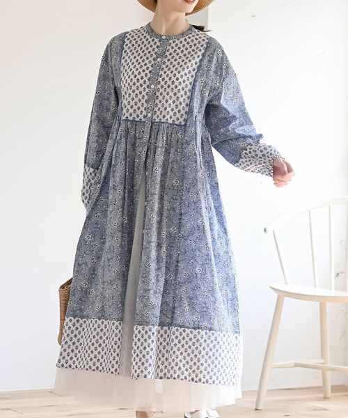 rps（アールピーエス）の「プリント切替７分袖前開きワンピース（ワンピース・レディース・グリーン/イエロー/ブルー/ネイビー・フリー）」の4枚目の写真