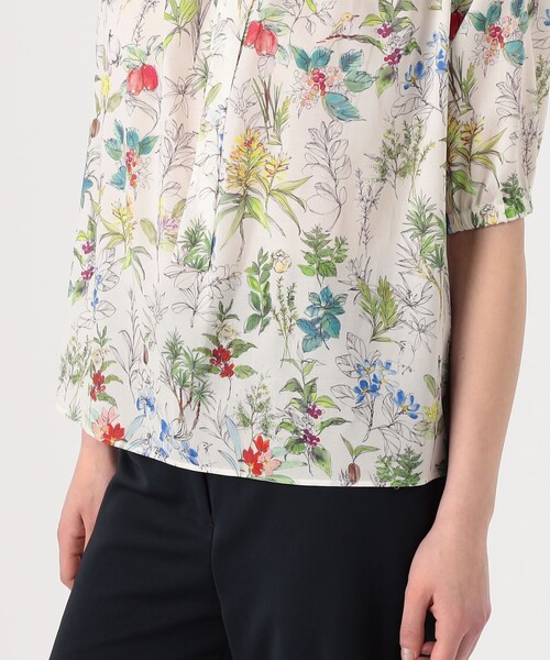 セール】カリビアンバードプリント ギャザーボウタイブラウス（シャツ