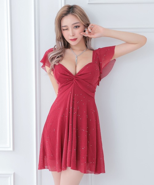 myMinette(マイミネット)の「キャバドレス ミニ フレア 半袖 ラメフロントギャザー入りフリル袖ドレス(ドレス・レディース・ブラック/ワイン/ネイビー・MEDIUM)」の3枚目の写真