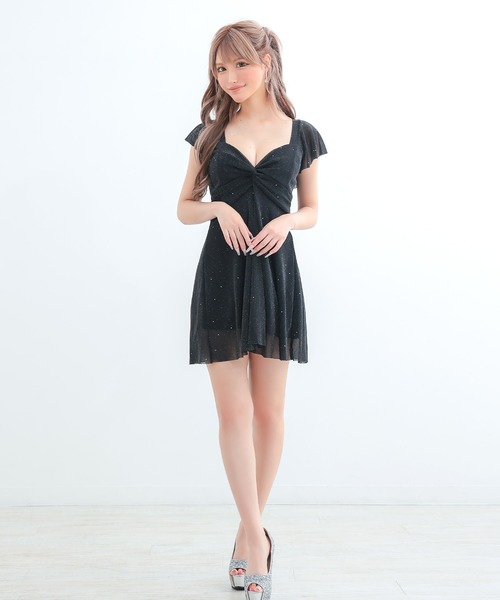 myMinette(マイミネット)の「キャバドレス ミニ フレア 半袖 ラメフロントギャザー入りフリル袖ドレス(ドレス・レディース・ブラック/ワイン/ネイビー・MEDIUM)」の5枚目の写真