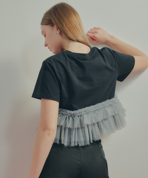 新品未使用タグ付きミュベールフリルTシャツオーガンジー定価26000黒 オープンショルダーチュールフリルシャツ/MM518102 – MISCH