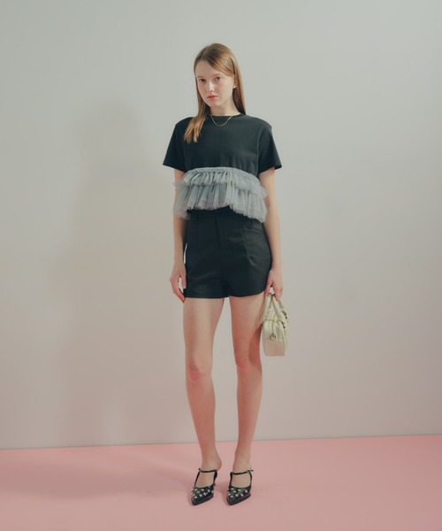 新品未使用タグ付きミュベールフリルTシャツオーガンジー定価26000黒 オープンショルダーチュールフリルシャツ/MM518102 – MISCH