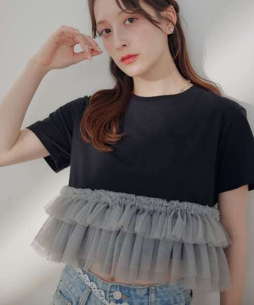 セール】チュールティアードフリルTシャツ（Tシャツ/カットソー