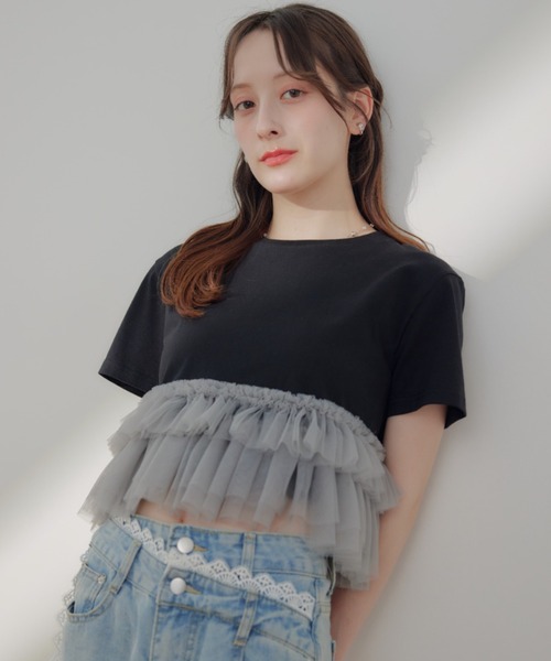 セール】チュールティアードフリルTシャツ（Tシャツ/カットソー