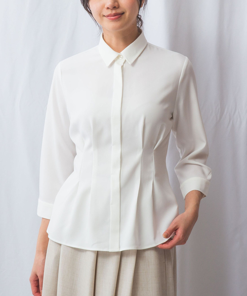 NARACAMICIE（ナラカミーチェ）の「【NARACAMICIE】麻調ベルト付き七分袖タックブラウス（シャツ/ブラウス・レディース・ホワイト/ブラウン/グリーン・S/M/L）」の5枚目の写真