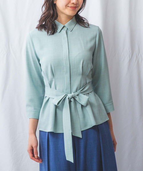 NARACAMICIE（ナラカミーチェ）の「【NARACAMICIE】麻調ベルト付き七分袖タックブラウス（シャツ/ブラウス・レディース・ホワイト/ブラウン/グリーン・S/M/L）」の6枚目の写真