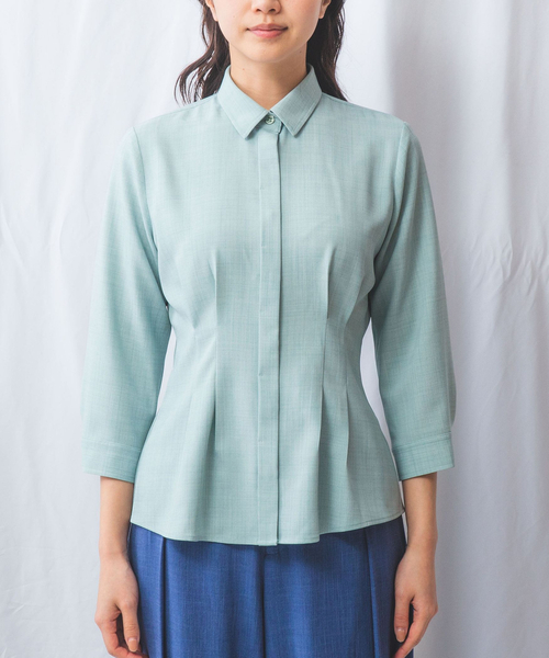 NARACAMICIE（ナラカミーチェ）の「【NARACAMICIE】麻調ベルト付き七分袖タックブラウス（シャツ/ブラウス・レディース・ホワイト/ブラウン/グリーン・S/M/L）」の7枚目の写真