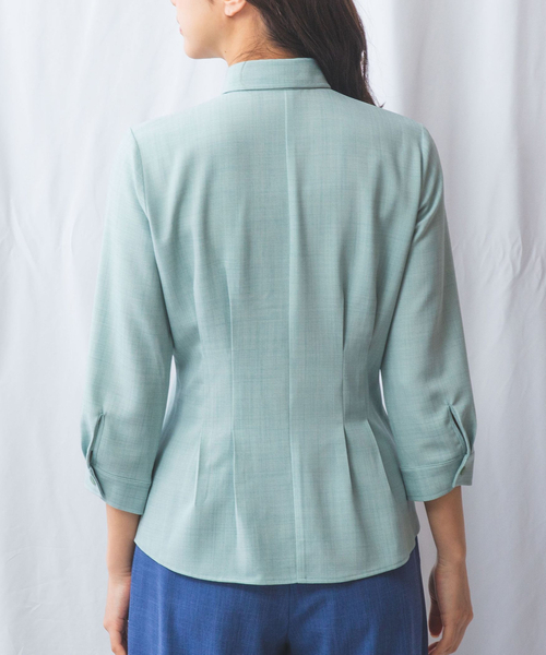 NARACAMICIE（ナラカミーチェ）の「【NARACAMICIE】麻調ベルト付き七分袖タックブラウス（シャツ/ブラウス・レディース・ホワイト/ブラウン/グリーン・S/M/L）」の9枚目の写真