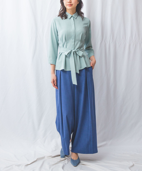 NARACAMICIE（ナラカミーチェ）の「【NARACAMICIE】麻調ベルト付き七分袖タックブラウス（シャツ/ブラウス・レディース・ホワイト/ブラウン/グリーン・S/M/L）」の18枚目の写真