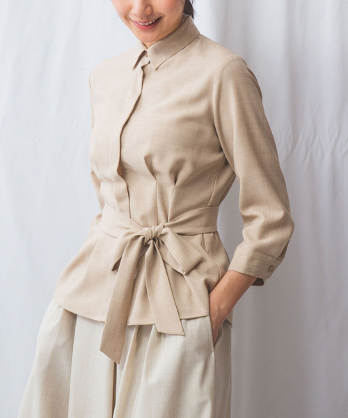 NARACAMICIE（ナラカミーチェ）の「【NARACAMICIE】麻調ベルト付き七分袖タックブラウス（シャツ/ブラウス・レディース・ホワイト/ブラウン/グリーン・S/M/L）」の19枚目の写真