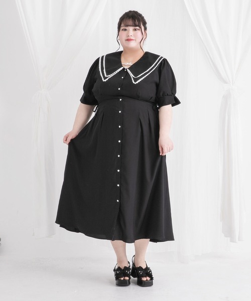大きいサイズ】ダブルビッグカラーシャツワンピース（ワンピース
