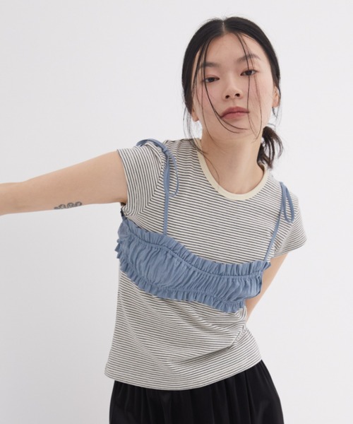 FUULLY STUDIO(フーリィーステューディオ)の「ボーダーコンパクトTEE(Tシャツ/カットソー・レディース・ブラウン/ネイビー/アイボリー・FREE)」の4枚目の写真