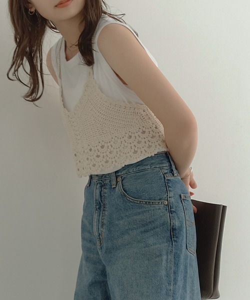 ショートビスチェ クロシェ編みフラワーニットショートビスチェ | レディース