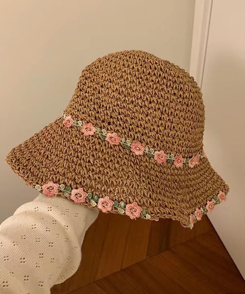 pur chouchou/フラワー 刺繍 麦わら帽子 ペーパーハット P4476（ハット