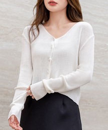 DAY CLOSET | 【クロップド丈】程よい透け感が今っぽい。長袖パール調ボタンのシアーニットカーディガン レディース(カーディガン/ボレロ)