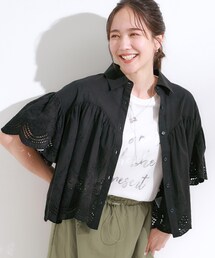 LINKABLEスカラップブラウス　ブラック スカラップレーストップス」に該当するブラック/黒色系の
