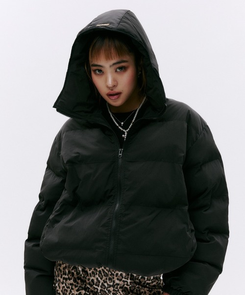 極美品 COACH ダウンジャケット シグネチャー M 黒フード付 ドローコード ダウンコート ダウンジャケット ドローコードフーディークロップド