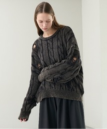KUUUPY | Vintage Design Distressed Cable Knit Sweater - ヴィンテージデザインダメージケーブルニット(ニット/セーター)