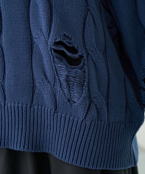 KUUUPY（クーピー）の「Vintage Design Distressed Cable Knit Sweater - ヴィンテージデザインダメージケーブルニット（ニット/セーター・メンズ・ブルー/ブラック・SMALL/MEDIUM/LARGE）」の18枚目の写真