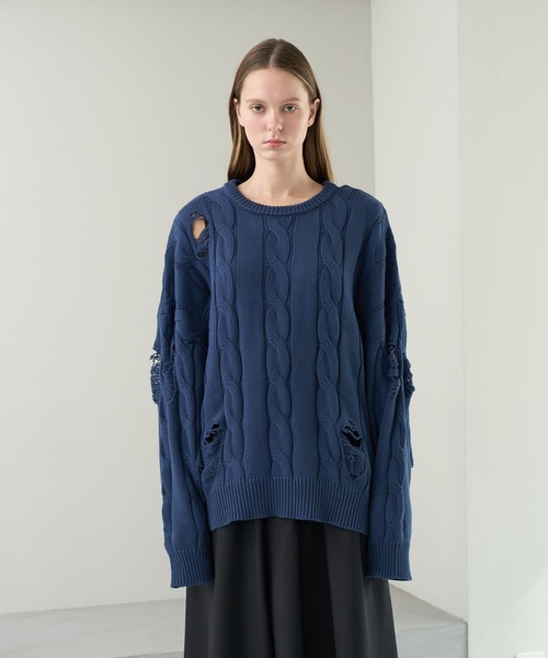 KUUUPY（クーピー）の「Vintage Design Distressed Cable Knit Sweater - ヴィンテージデザインダメージケーブルニット（ニット/セーター・メンズ・ブルー/ブラック・SMALL/MEDIUM/LARGE）」の12枚目の写真